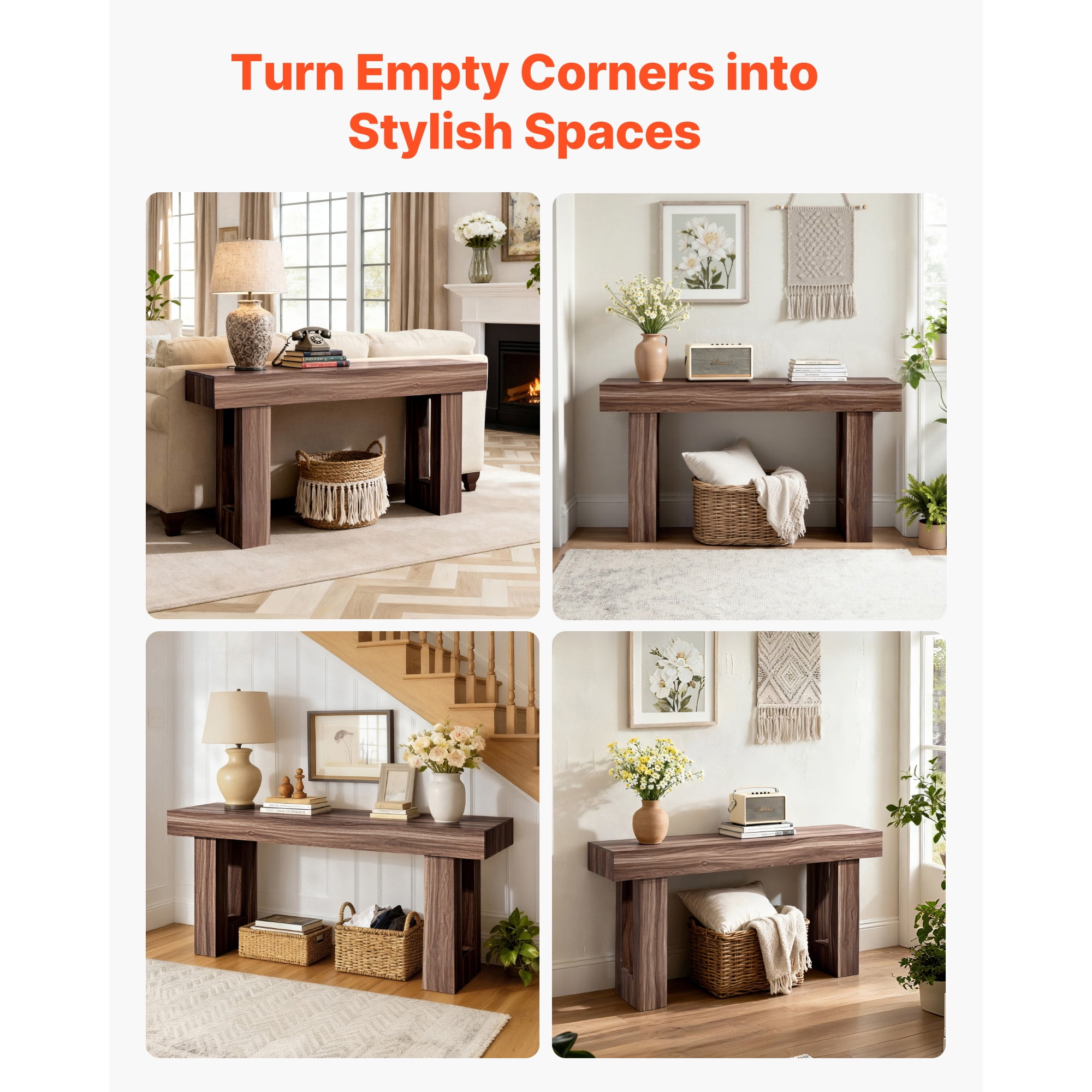 KFFKFF 63-inch Console Table, Wooden Rectangular Entryway Desk, Farmhouse-Style Sofa Table for Hallway, Bedroom, Living Room, or Foyer, Easy to Assemble, Brown