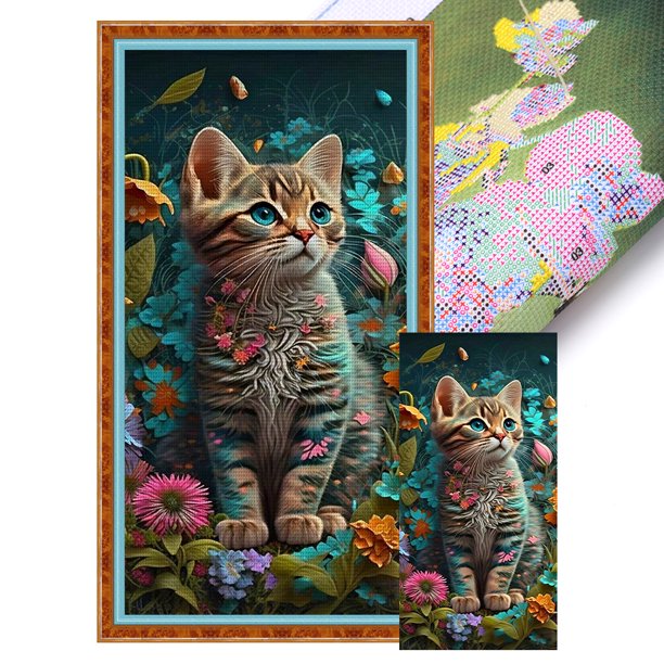 Hilo Algodón Bordado Punto Cruz Impreso Gato en El Arbusto 11CT 30x60cm