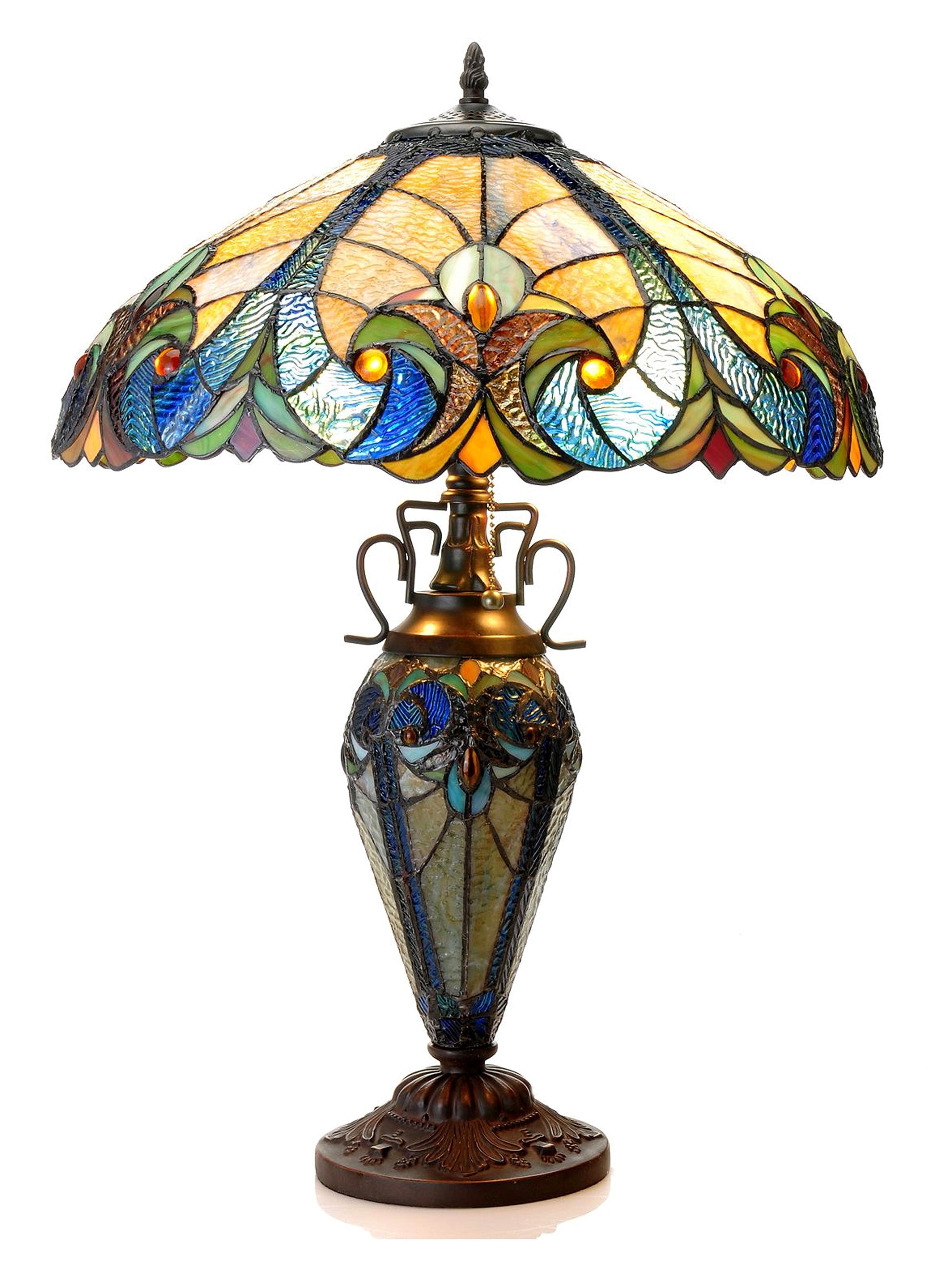 Victorian Double-Lit 18" Bronze Stained Glass Table Lamp