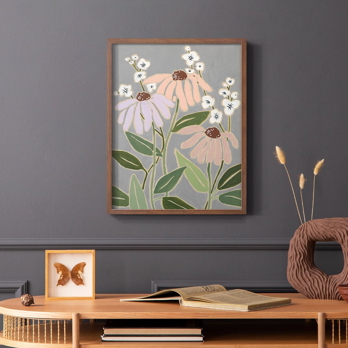 Woodblock Floral I Framed Print - Solid Wood in Single Picture Frame Solid Wood 2 Framed Print