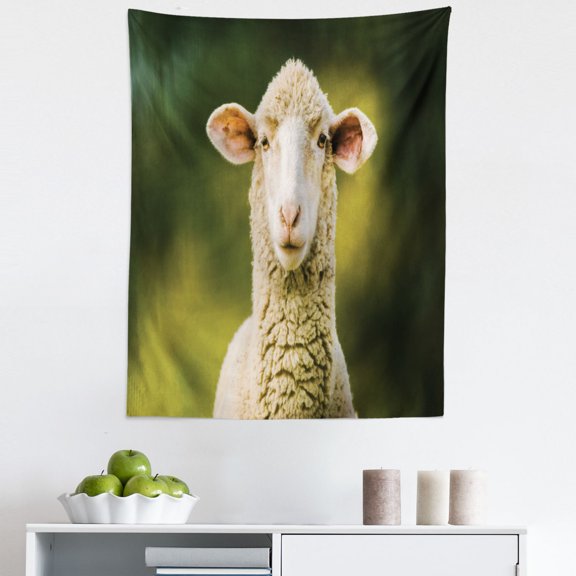 Sheep Tapestry, Agriculture Livestock Mammal Looking Flock Grass Blurry Back Photo, Fabric Wall Hanging Decor for Bedroom Living Room Dorm, 5 Sizes, Eggshell Ecru and Evergreen, by Ambesonne