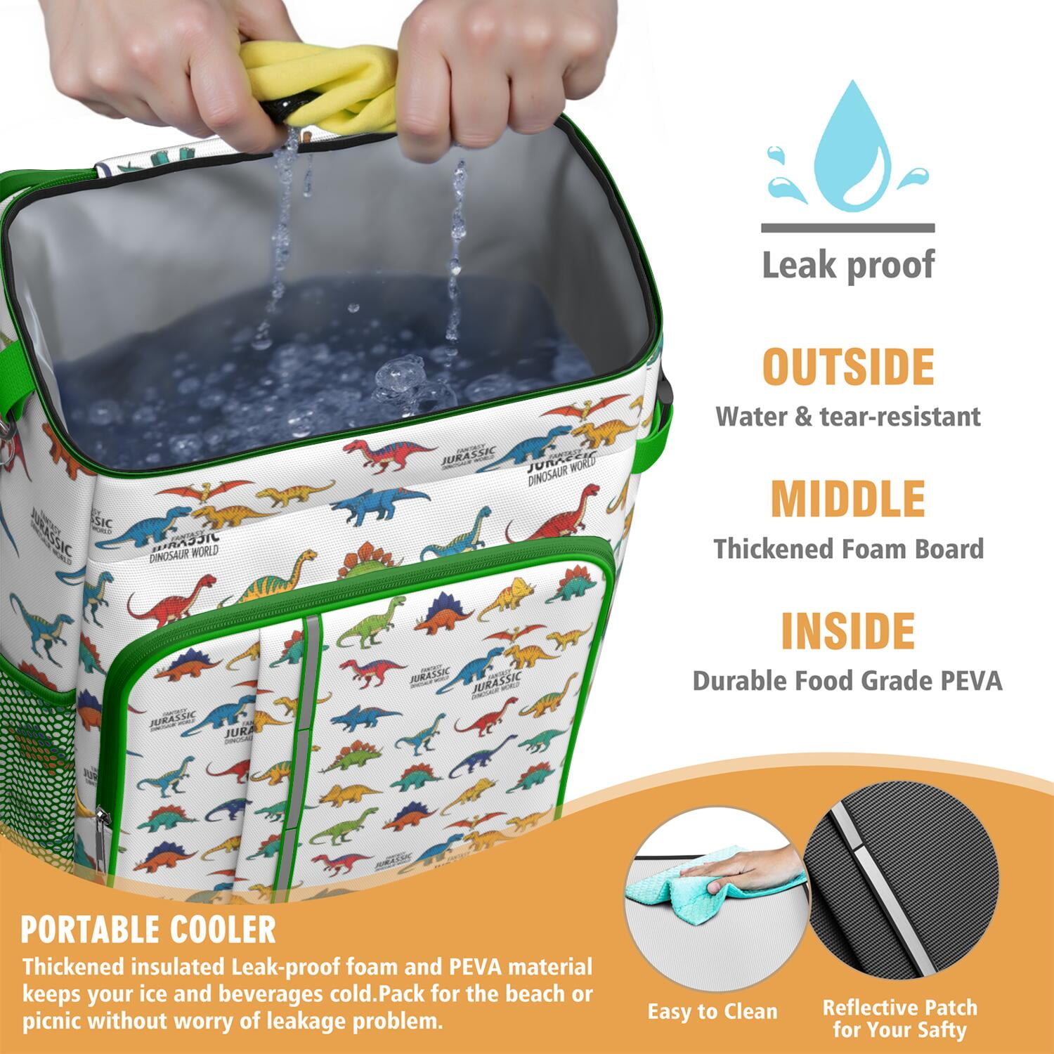 Travel Cooler Bag - White Cartoon Fantasy Dinosaurs Pattern Camping Beer Cooler Backpack with Bottle Opener- Waterproof Insulated Picnic Backpacks - Cooler Bag for Beach
