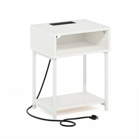 Furinno Moretti USB and Type-C Charging Port Open Storage Side Table with Metal Frame, White/White