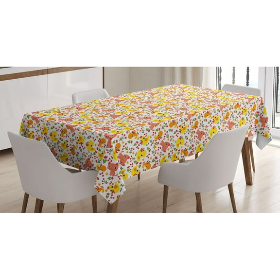 Animal Tablecloth, with Kitties Birds Chickens Flowers Berries Spring Cartoon, Rectangle Satin Table Cover Accent for Dining Room and Kitchen, 52" X 70", Multicolor, by Ambesonne