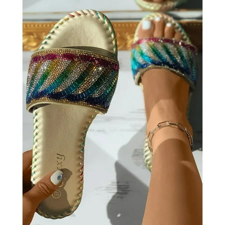 

NEGJ Womens Flats Sandals Summer Rhinestone Beaded Dress Shoes Comfortable Slippers Slip On Slide