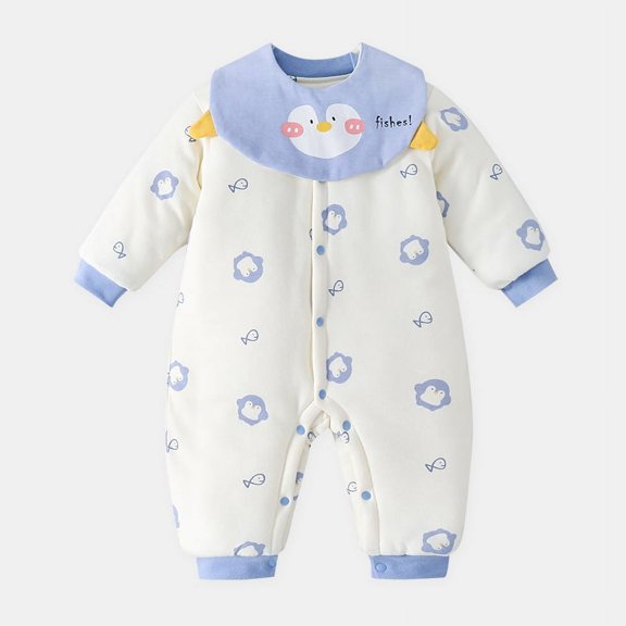 Yidarton Newborn Clothes Baby Jumpsuit Winter Warm Ha Jacket Padded Cotton Jacket Go Out Hug Clothes Climbing Clothes Blue Penguin