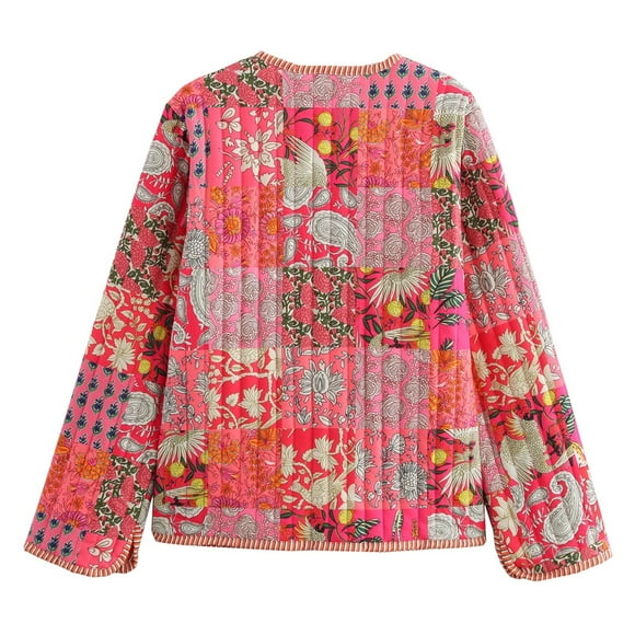 Bmisegm Ladies Floral Print Loose Casual Long Sleeve Stitching Padded Jacket Coat Winter Coats for Women Red L
