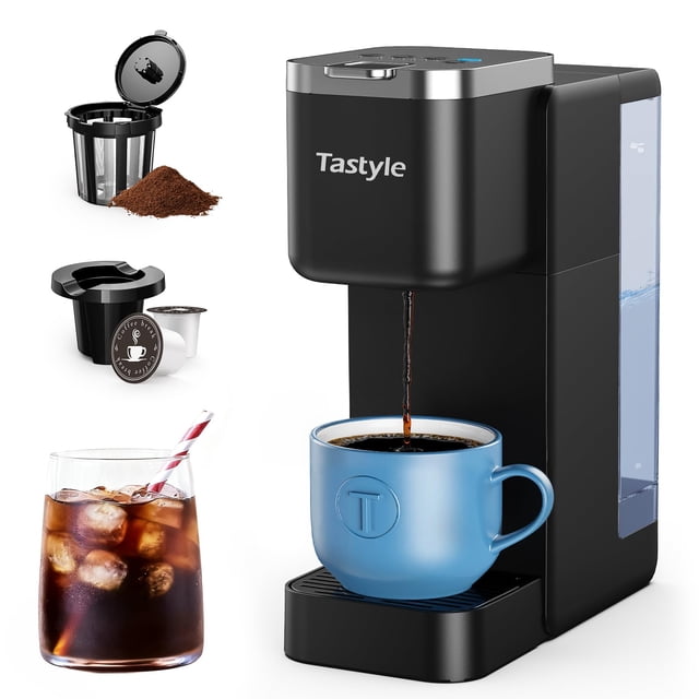 Tastyle Single Serve Hot & Iced Coffee Maker with Strong Brew, 40oz Removable Reservoir, 6 Brew Sizes, Compatible with K Cup and Grounds, Compact for