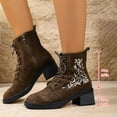 thumbnail image 3 of Floral Embroidery Fall Ankle Boots for Women Lace up Suede Mid Stacked Heel Zipper Short Booties, 3 of 7