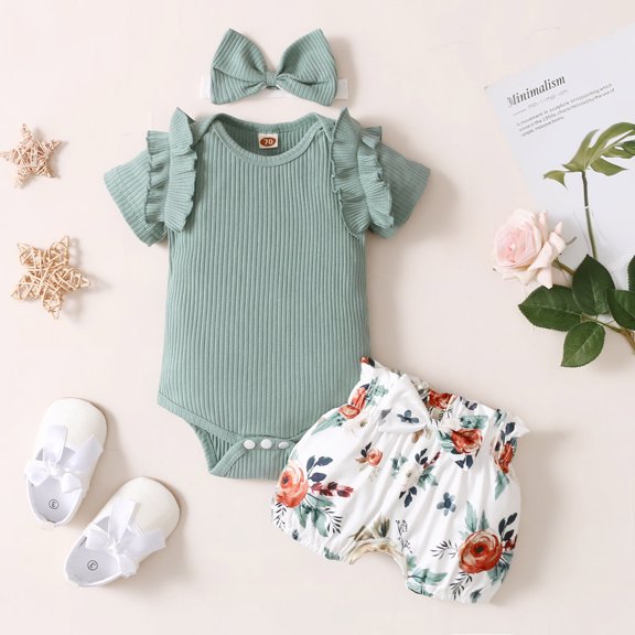 Vedolay Summer Short Sets Girls Short Set 2 Piece Kids Short Sleeve Top and Belted Shorts Set with Pocket,Green 3-6 Months