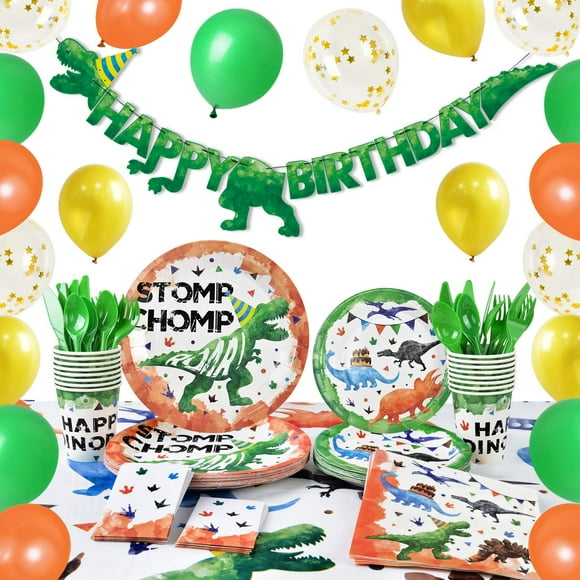 WERNNSAI Dinosaur Party Supplies - Dino Birthday Party Decoration for Boys Kids Party Banner Balloons Plates Cups Napkins Forks Tablecloth Tableware Set Serves 16 Guests 153 PCS