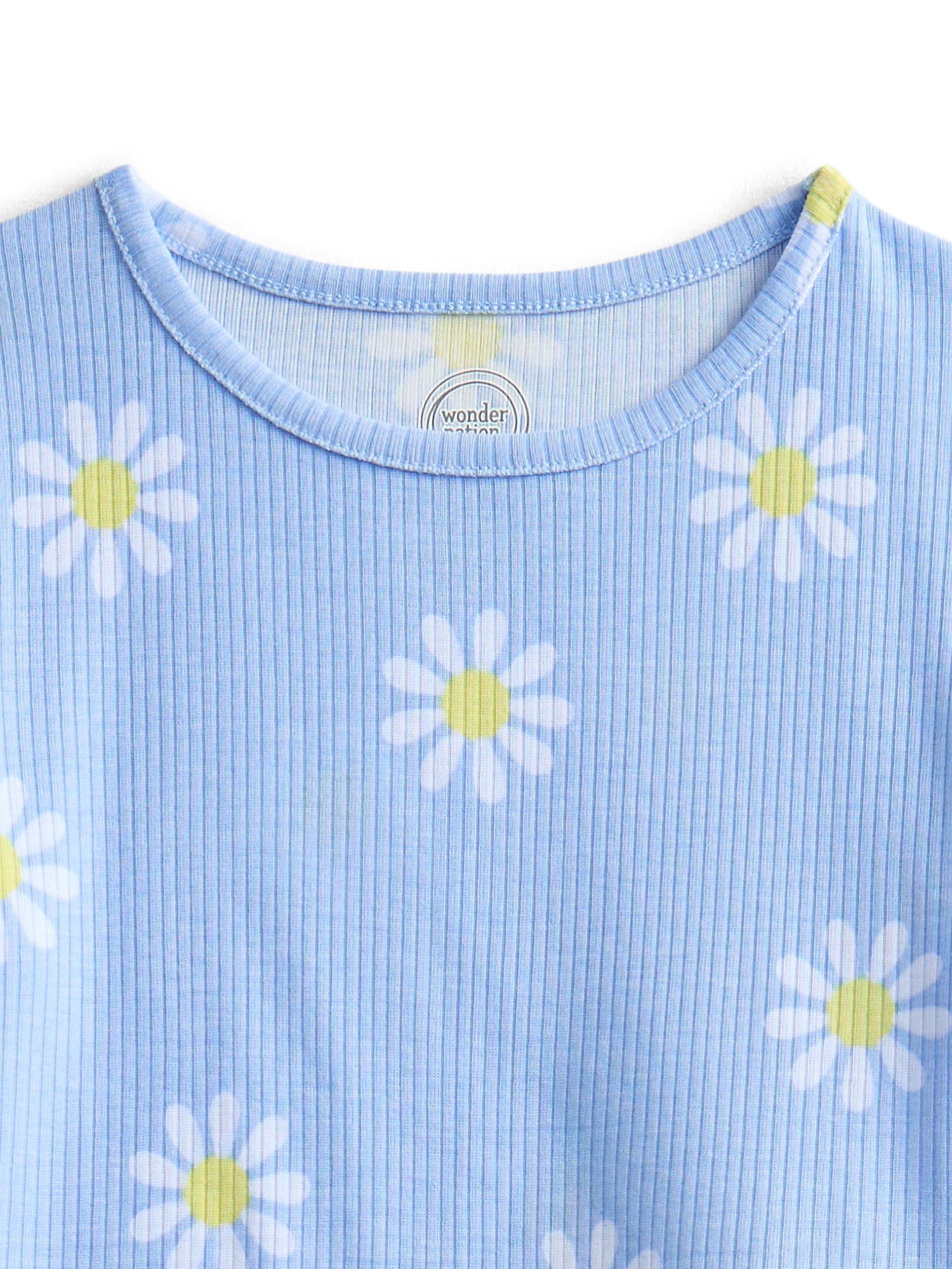 Wonder Nation Toddler Girl's Ribbed Print Tee and Shorts, 2-Piece Pajama Set, Sizes 12M-5T