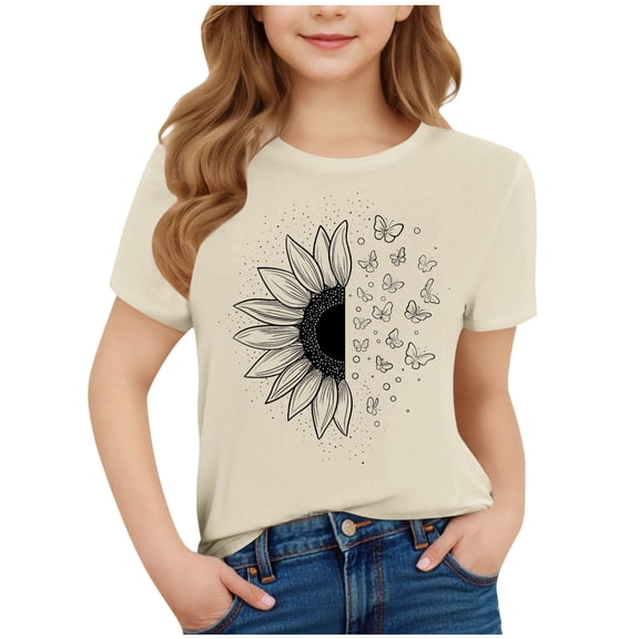 FamilyThread Toddler Girls Boys Versatile Short Sleeve T-Shirt Fashionable Graphic Print Tunic Tops Crewneck Casual Summer Shirt For 3-15Y