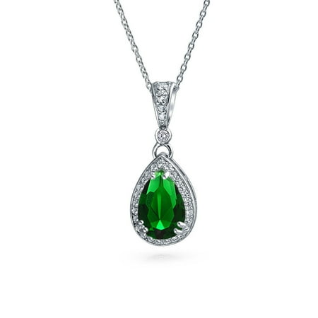 Shape Green Jade Necklace (Green Solitaire Teardrop Pear Shape Pendant Necklace Simulated Emerald CZ Halo Rhodium Plated Sterling Silver 16)