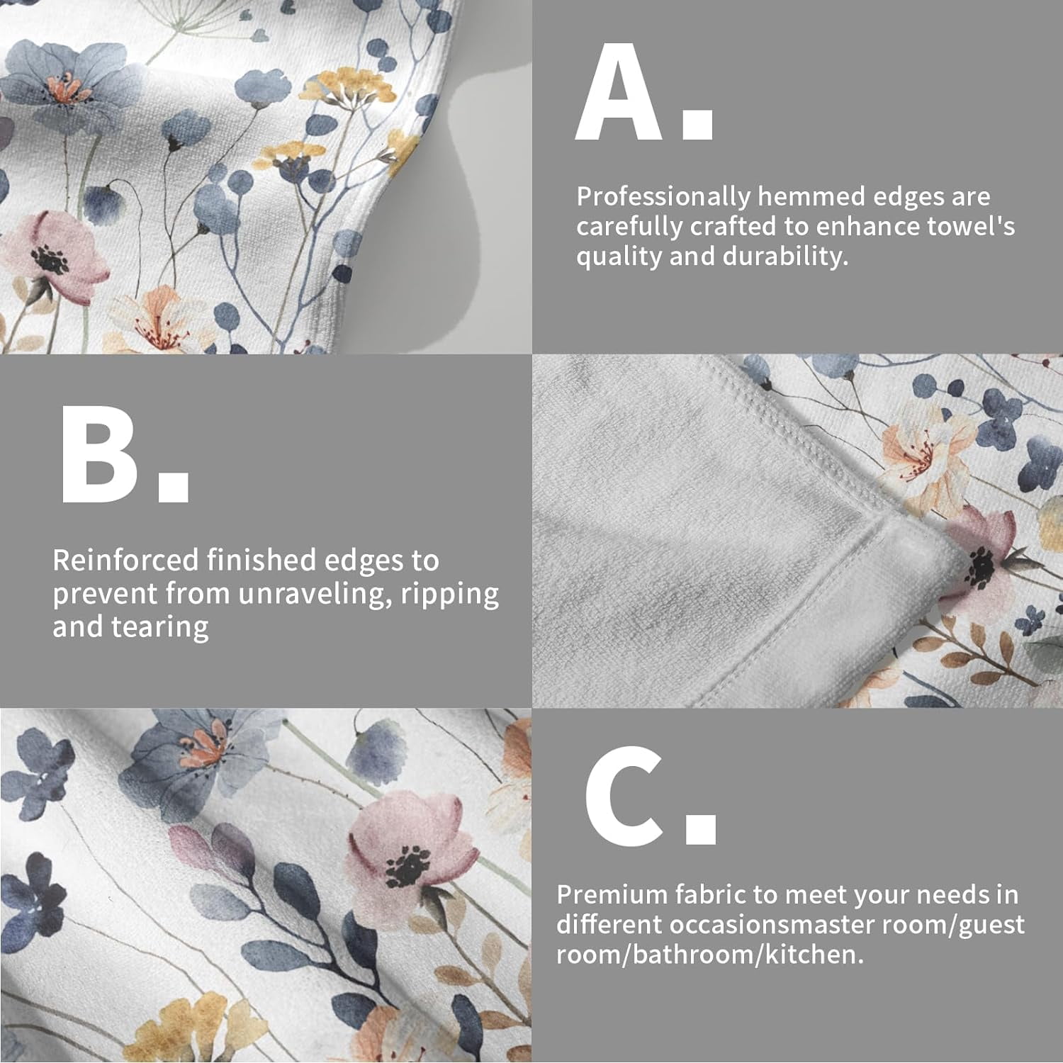 Flowers Grey Hand Towel Set of 2,Wildflowers Towels Lightweight Absorbent Decorative Multipurpose Towels for Yoga Gym Spa Hotel Bathroom Kitchen 28x14 in