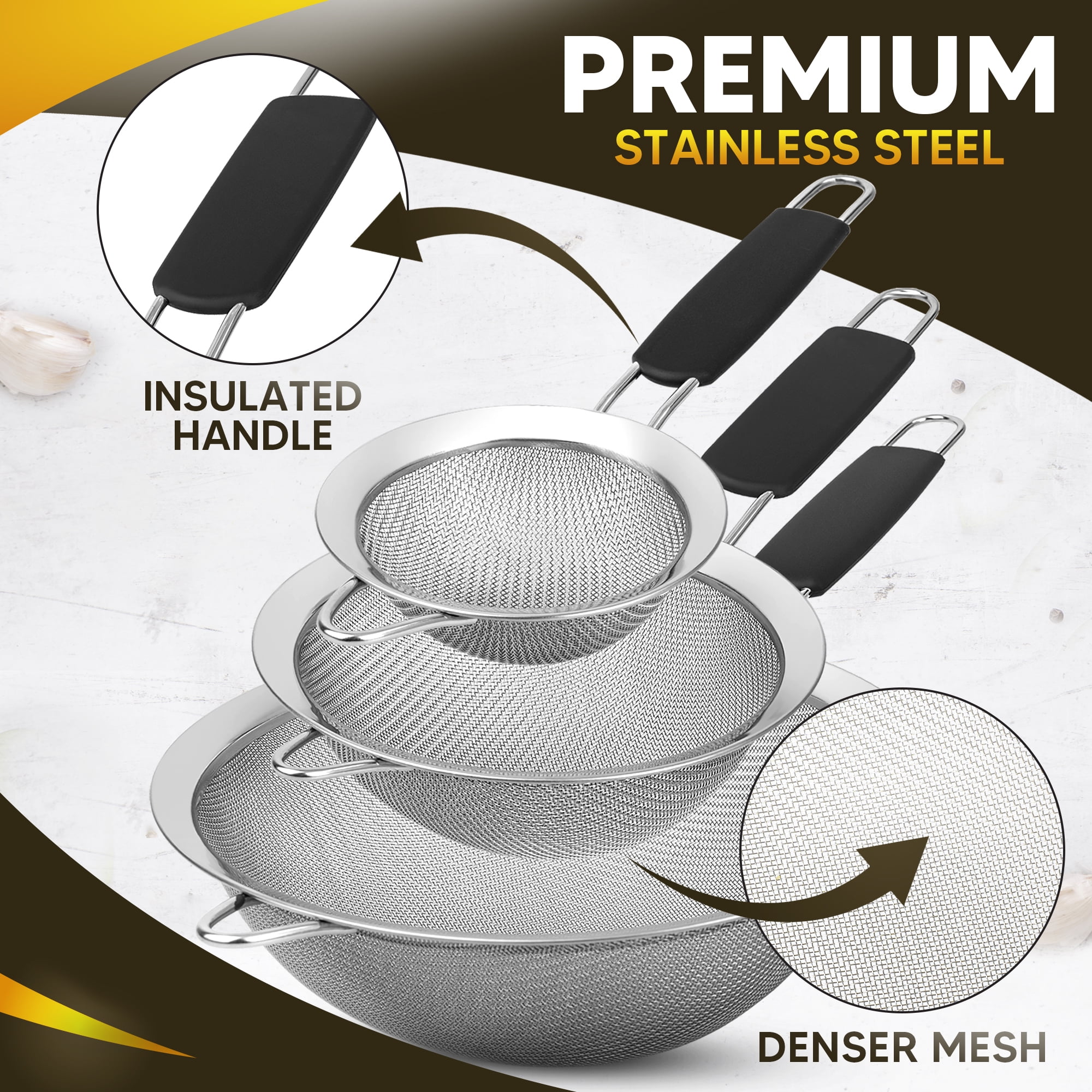 Kafoor Set of 3 Fine Mesh Strainers for Kitchen | 3.4 inch, 5.5 inch and 7.9 inch Fine Mesh Sieves