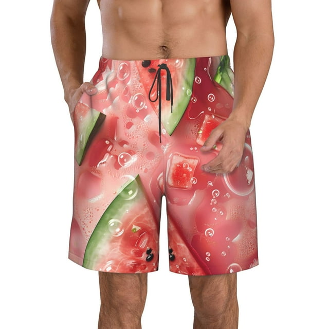 Gaeub Refreshing Watermelon Slices Print Men's Beach Shorts,Men's Swim Trunks,Quick Dry Board Shorts with Pockets,Men's Bathing Suits for Surfing, Running, and Casual Wear-3X-Large