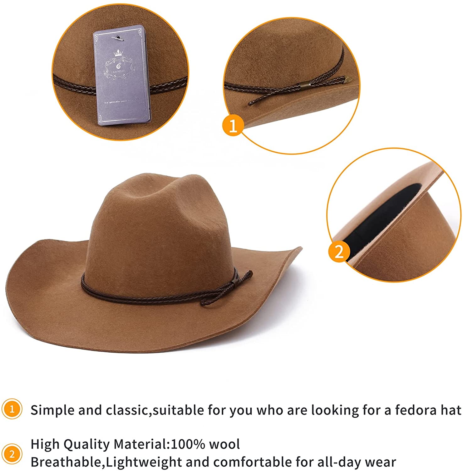 Classic Wool Felt Cowboy Hat Western 