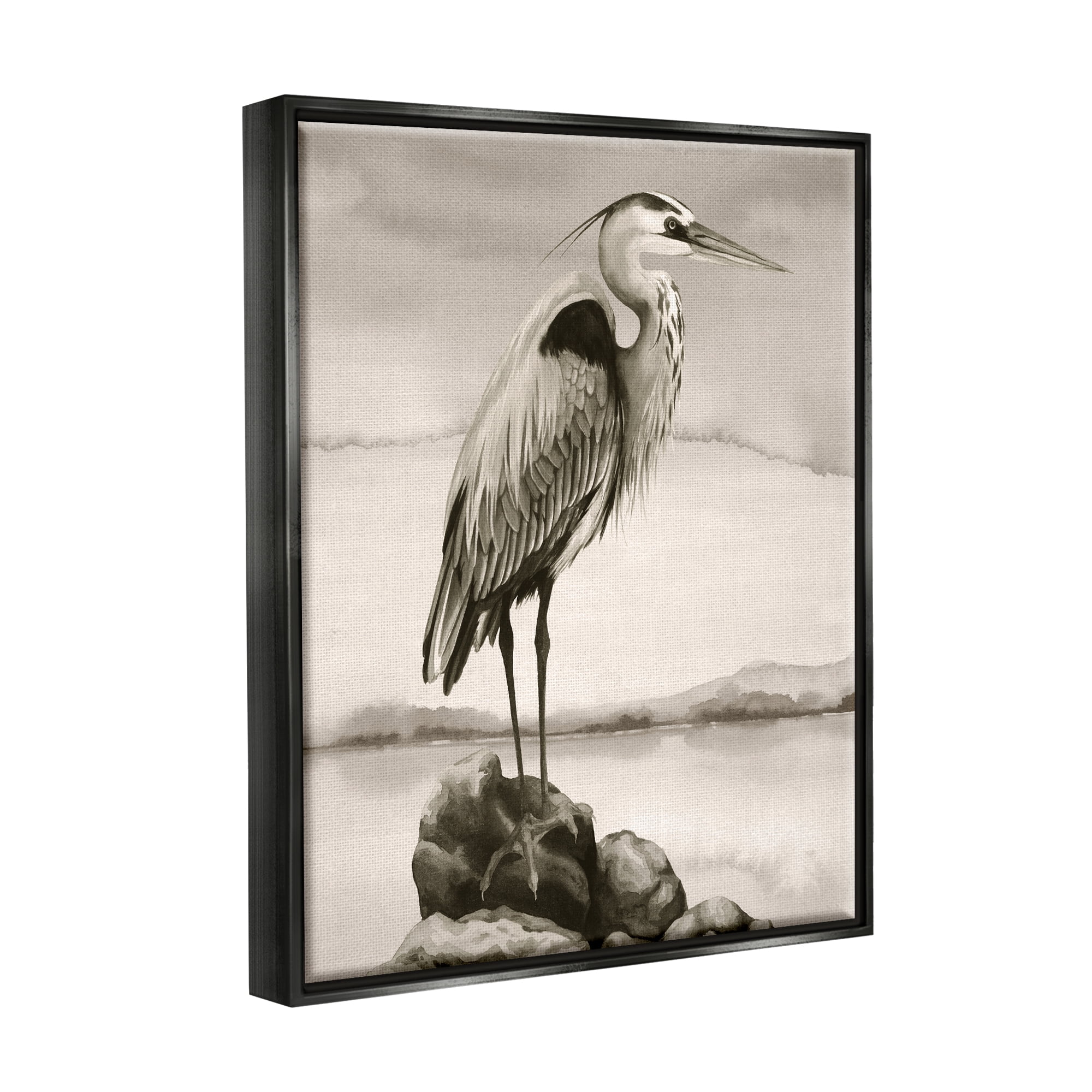 Stupell Industries Heron Perched at Sea Animals & Insects Painting Black Floater Framed Canvas Art Print Wall Art, 17 x 21