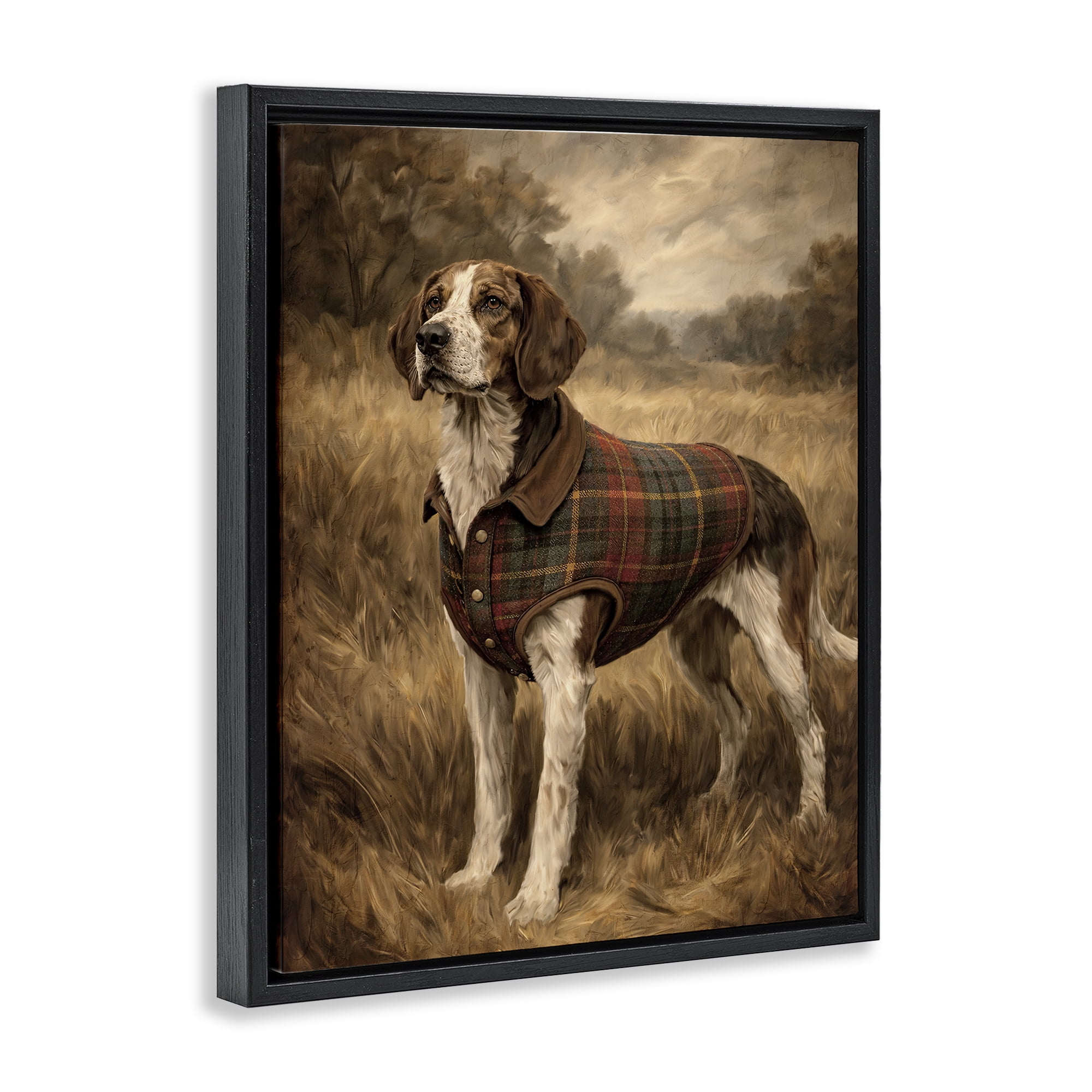 Stupell Industries Hunting Days Plaid Jacket Hound Black Framed Floater Canvas Wall Art, design by Kim Allen