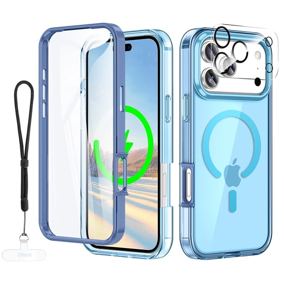 Dteck Magnetic for iPhone 18 Pro Case, Compatible with MagSafe Built-in Touch Sensitive Anti-Scratch Screen Protector, Camera Lens Cover with Wrsit Strap,Blue