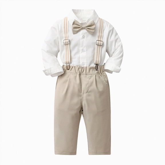 Xudanell Baby Suits for Boys Gentleman Wedding Outfits Long Sleeve Dress Shirt Suspender Pants Bowtie Boy Clothes Set, 1-6T (Beige, 12-18 Months)