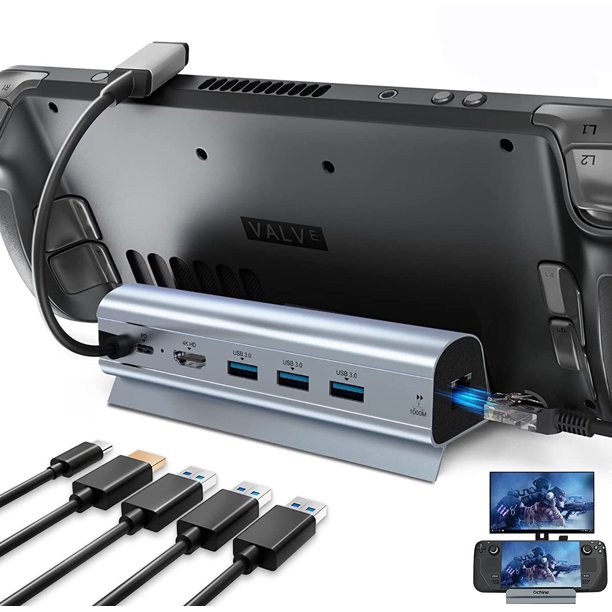 Base para Steam Deck, estación de acoplamiento 6 en 1 de aleación de aluminio con HDMI 2.0 mejorado 4K a 60 Hz, Gigabit Ethernet, 3 puertos USB 3.0 y puerto USB-C PD. Accesorios para Steam Deck.