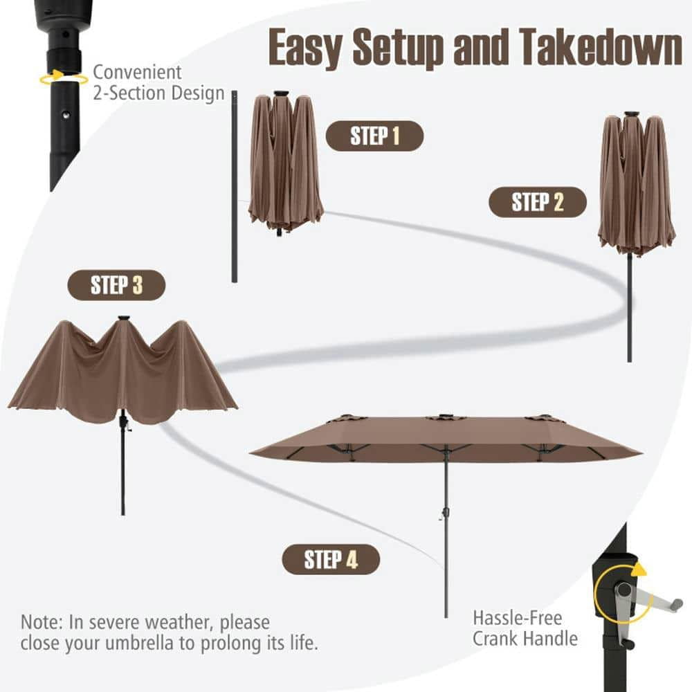 Demifill 15.5 FT Extra-Large Patio Umbrella, Outdoor Shade with LED Solar Lights and Crank Handle for Outdoor, Brown