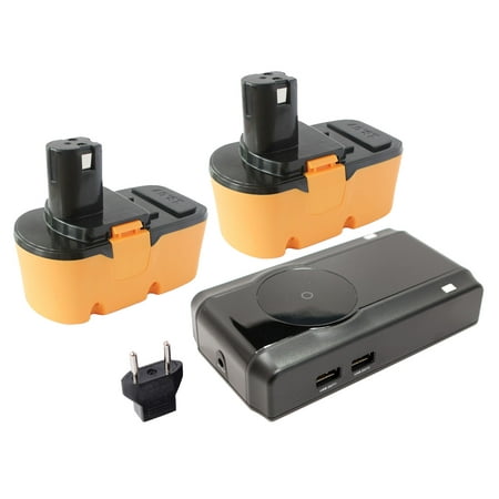 

2-Pack Ryobi P301 Battery + Charger + EU Adapter - Replacement Ryobi 18V Battery Charger and EU Adapter (1300mAh NICD)