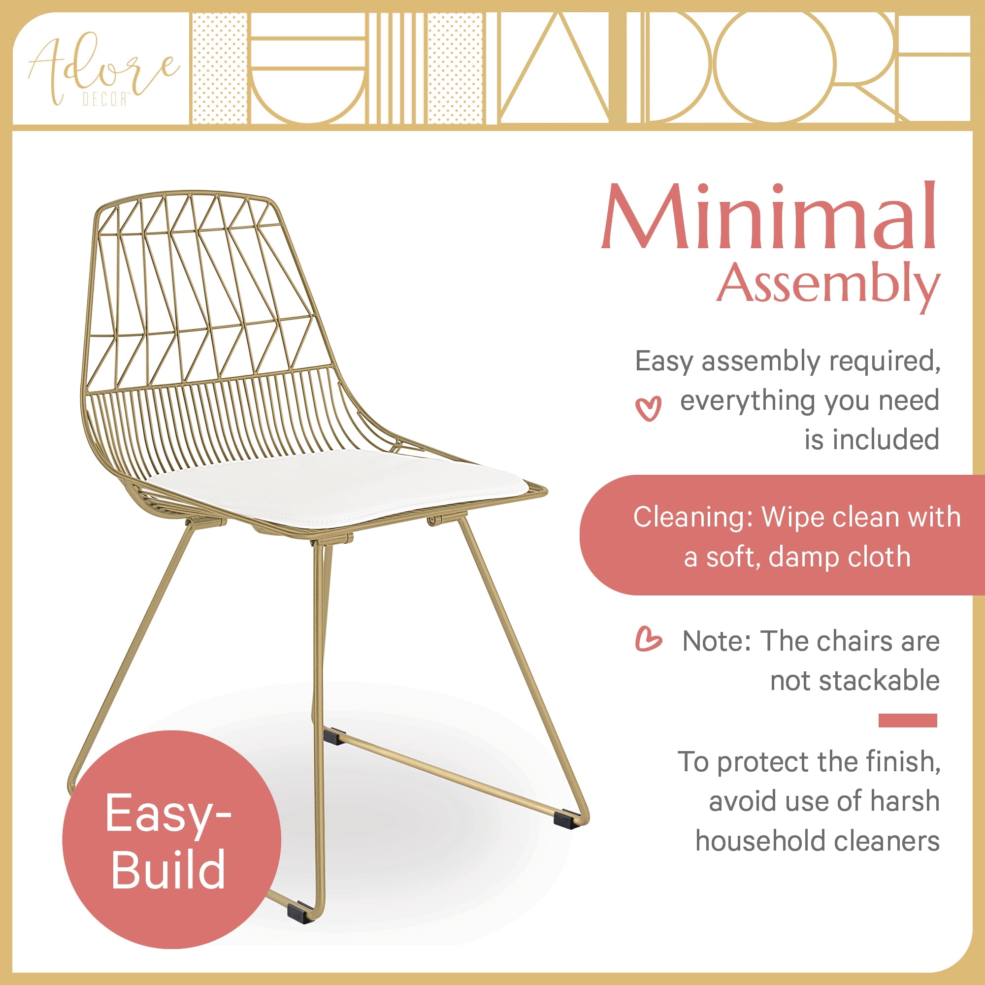 Adore Decor Vivi Set of 2 Gold Wire Dining Chairs