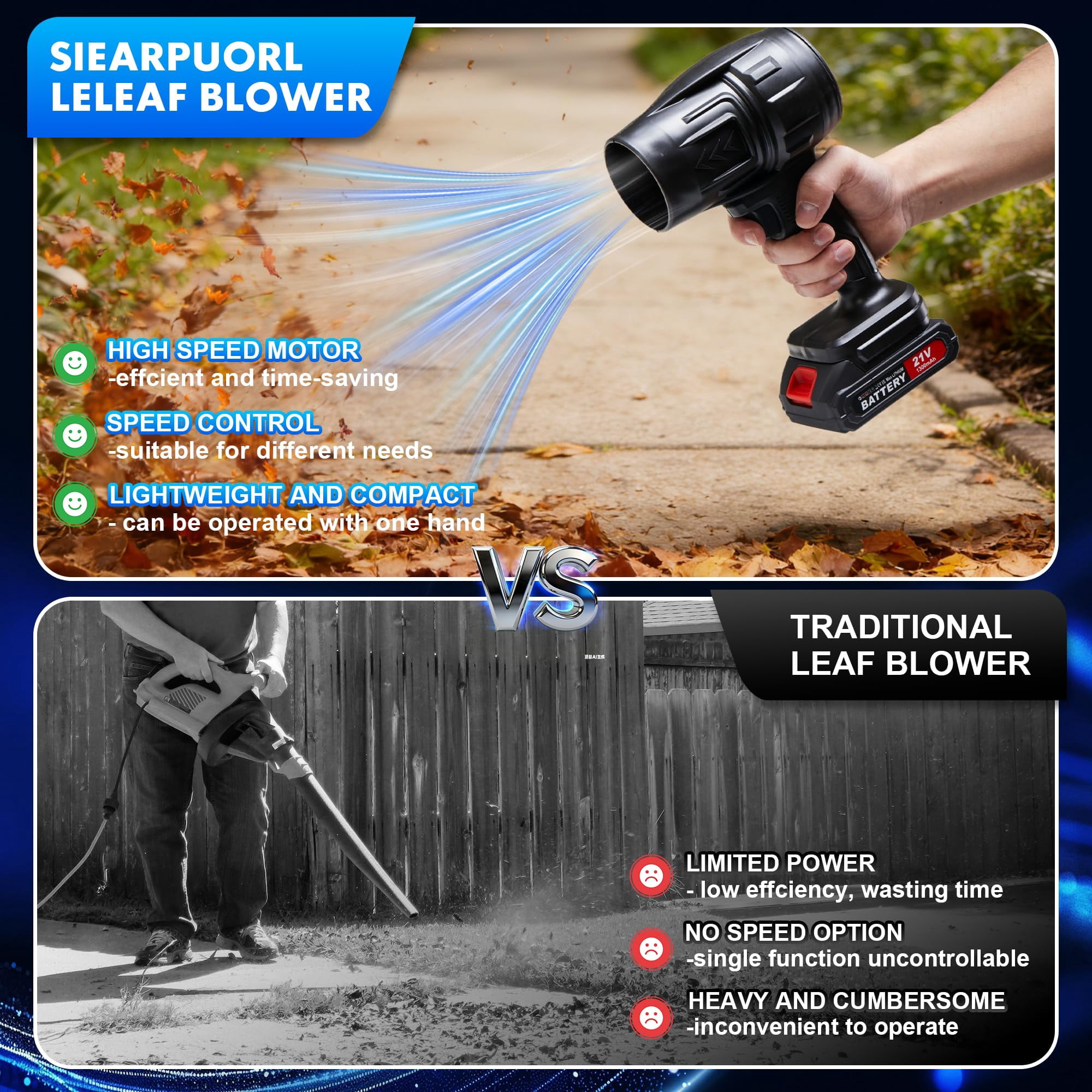 Cordless Leaf Blower 21V with 2 Batteries, Lightweight & Powerful, Long Runtime Handheld Blower for Lawn, Yard, Patio & Car Drying