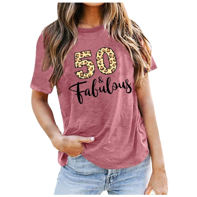 Camiseta de manga corta para mujer 50th Birthday - Poliéster, spandex y algodón, estampado de corona, estilo casual chic, ideal para celebraciones de cumpleaños