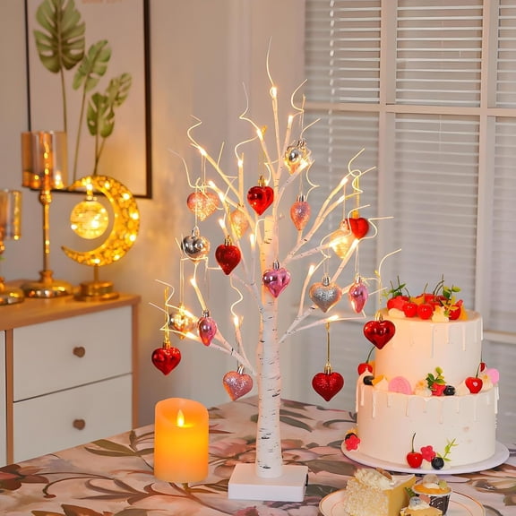 Lighted Birch Tree Lamp with 24 Warm White LEDs and Hearts, Battery Operated Tabletop Decor