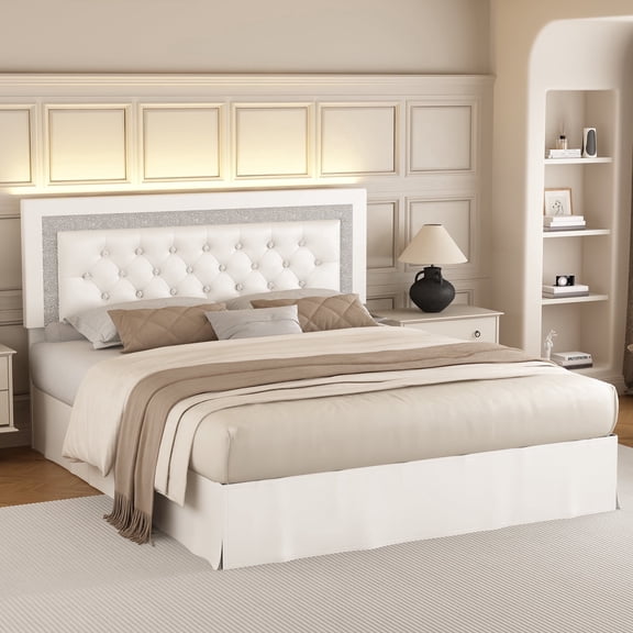 SIBEDS Bed Frame with Adjustable Headboard and Diamond Button PU White Upholstered Tufted Beds, Twin
