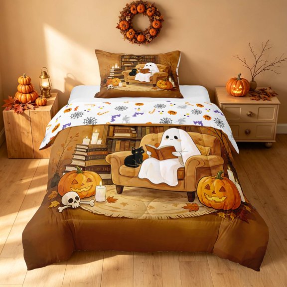 Homewish Halloween Spooky Animal Twin Comforter Sets, Pumpkin Lantern Ghost Bedding Set, Brown Orange Cream, Pumpkin Bat Reversible, 2 Pieces 1 Comforter and 1 Pillowcase