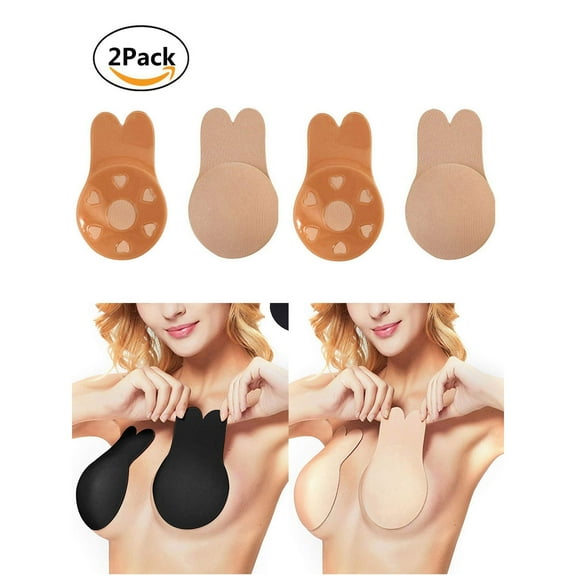 2Pairs Women's Rabbit Ear Invisible Lifting Bras Reusable Silicone Nipple Covers Push Up Backless Bra "Beige, Cup C/D"