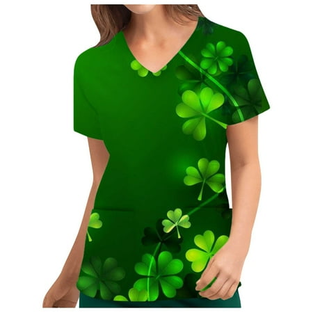 

St.Patrick s Day Scrub Tops Women Scrubs Nurse Working Uniforms Tee Print V Neck Short Sleeve Medical Scrub Shirts