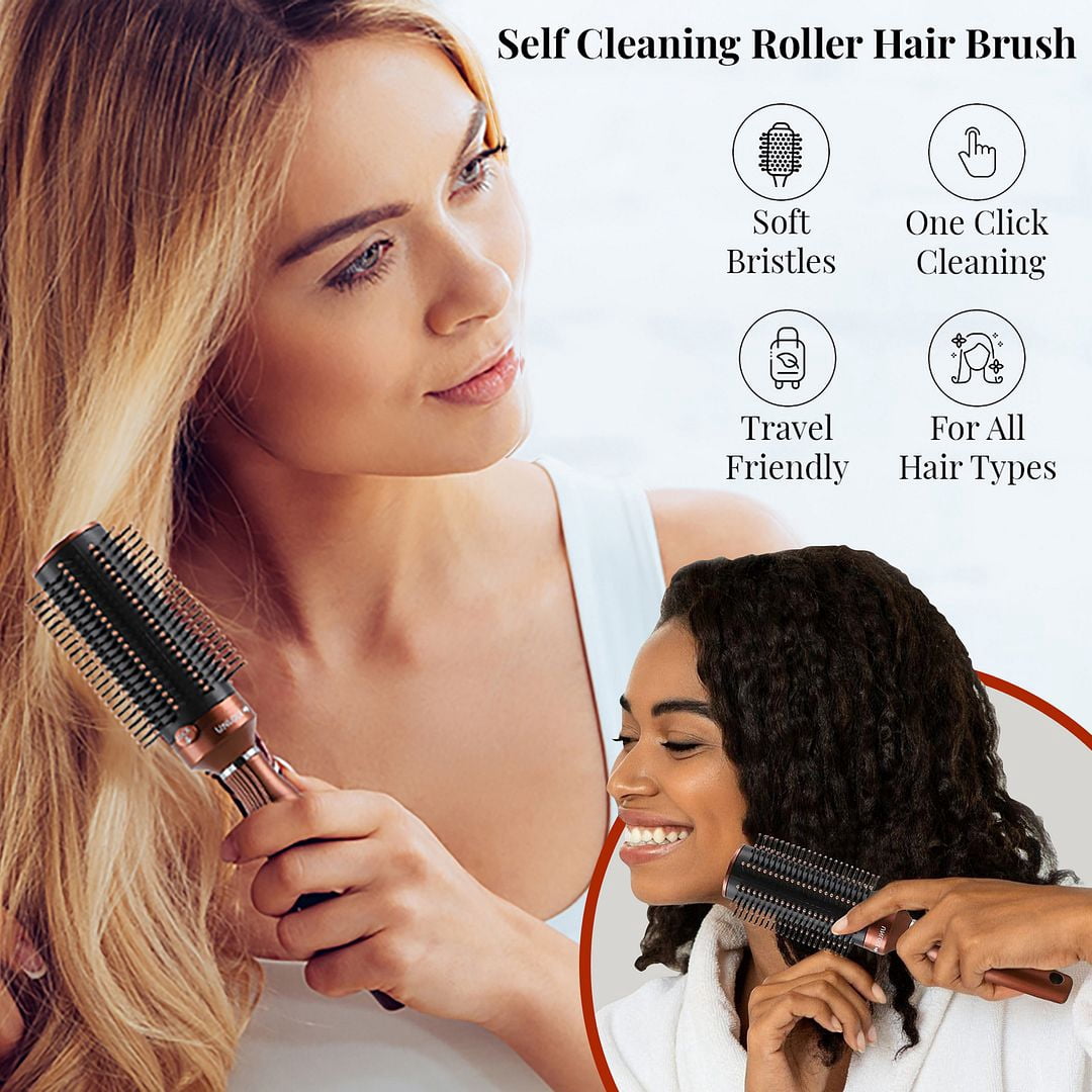 Self Cleaning Brushes for Women - Roller Retractable Detangler Round Brush for Blow Out Travel Brown Christmas Gifts for Womens