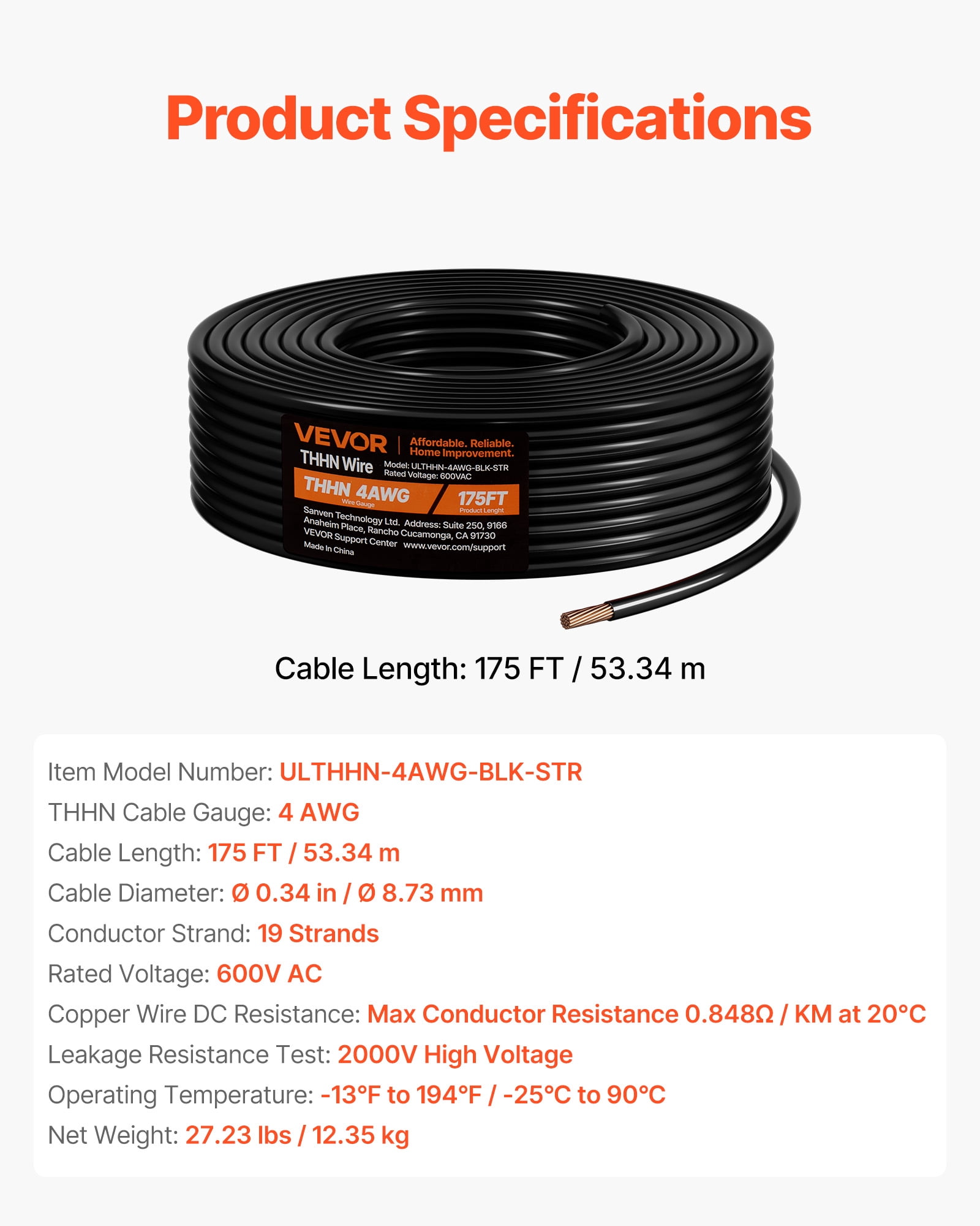 VEVOR 4 AWG THHN Wire, 19-Stranded, 100% OFC Copper Electrical Building Wire with Nylon Jacket, Rated for Up to 600 Volts, for Indoor & Outdoor Use, Commercial, Industrial, Residential, Black