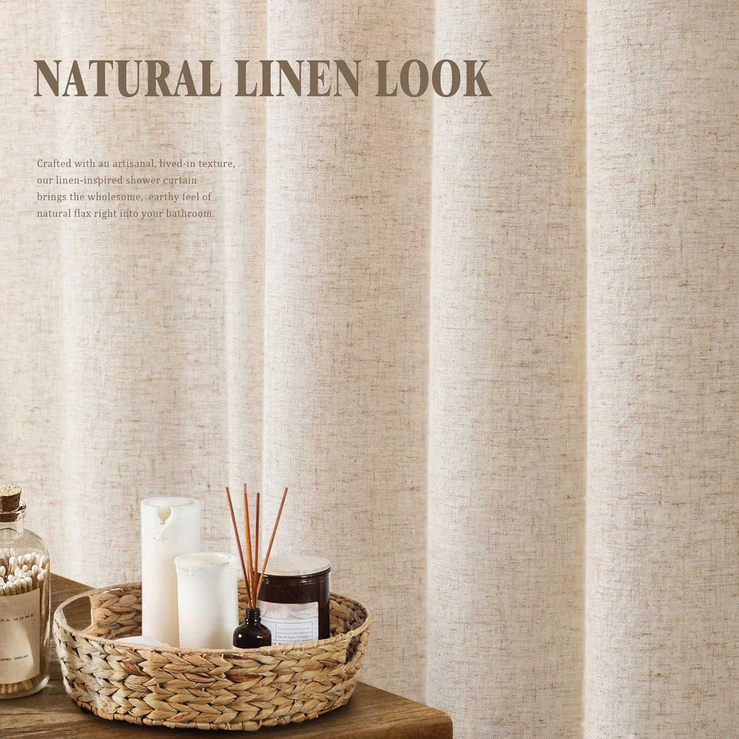 Linen Shower Curtain Beige, Fabric Boho Farmhouse Shower Curtains for Bathroom Cream Cotton Natural Cloth 72" W x 72" L