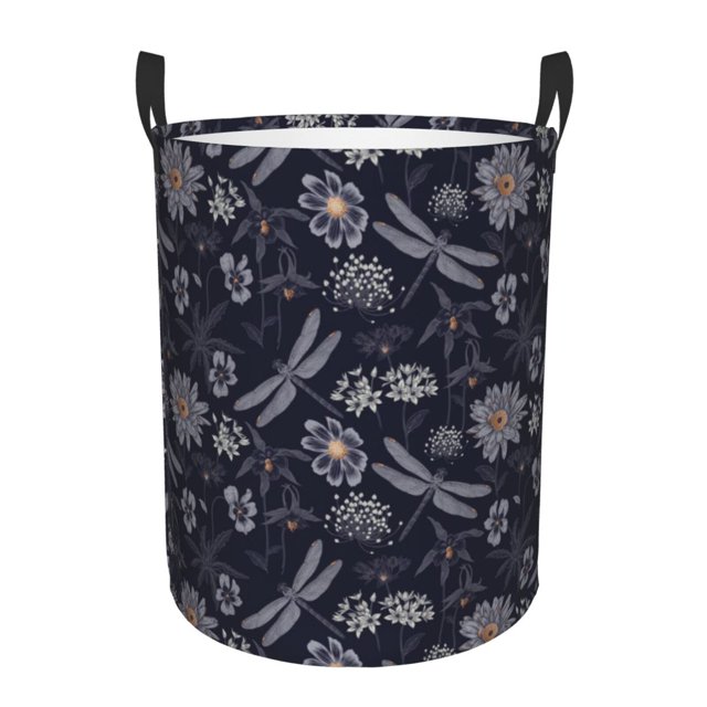 Fotbe Wildflowers And Dragonflies Cesto de Ropa con Asas, Cesto Impermeable de Gran Capacidad, Bolsa de Lavado para Dormitorio, Cesto de Ropa con Ruedas y Asas-Small