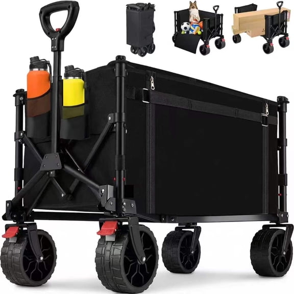 Collapsible Folding Wagon, Heavy Duty, Utility Wagon for Sports, Camping, Garden, and Shopping, Black