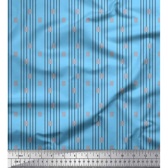 Soimoi Blue Crepe Silk Fabric Stripe & Jamdani Print Fabric by the Yard 42 Inch Wide