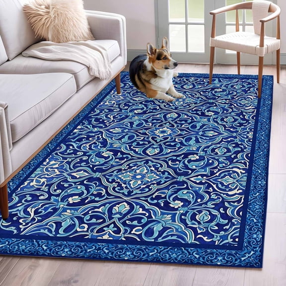 Boho Blue Area Rugs 3'x5', Washable Small Throw Rugs for Living Room Bedroom, Ethnic Western Abstract Tribal Floral Art Indoor Outdoor Rug Non-Slip Low Pile Carpet Runner Reversible Floor Mats