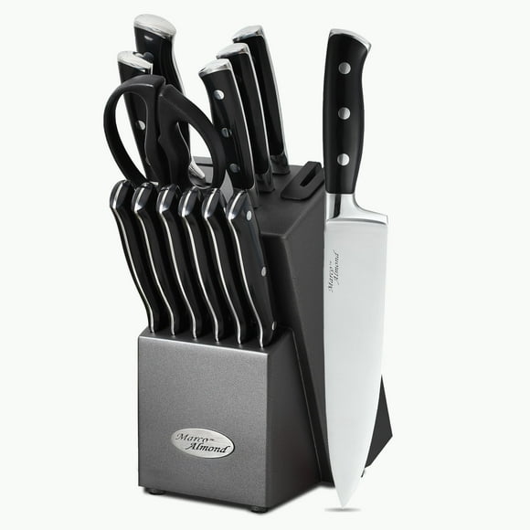 Marco Almond® Kitchen Knife Set with Block KYA31,14 Pieces Japanese Stainless Steel Cutlery Knives Block Set for Kitchen with Built-in Sharpener
