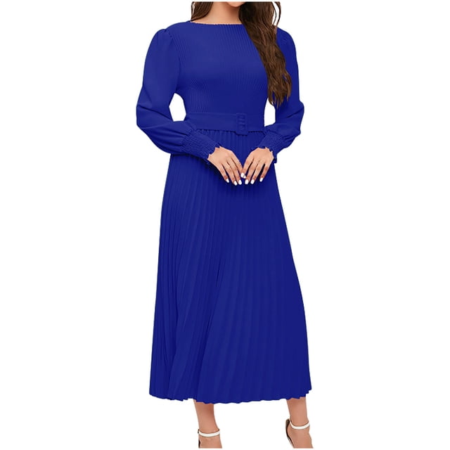 Yuyuzo Women Formal Maxi Dress Long Sleeve Crew Neck Ruched Ruffle Flowy Solid Color Cocktail Dresses with Belt
