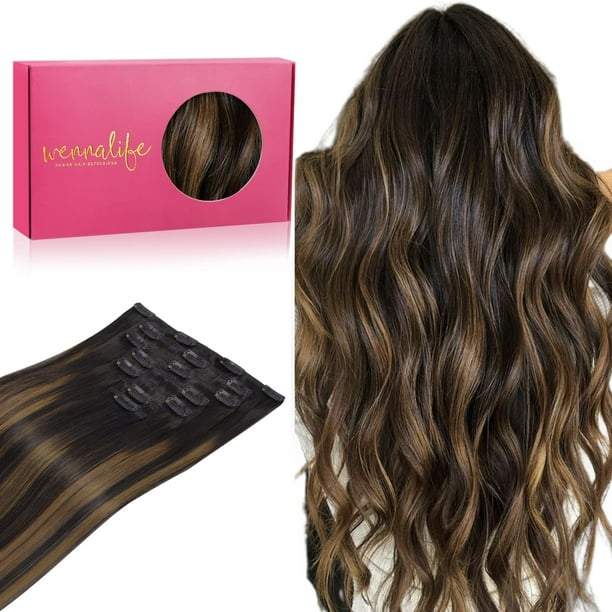 WENNALIFE Extensiones de cabello humano con clip, 16 pulgadas, 4.23 oz, 7 unidades, extensiones de cabello Balayage de color negro natural a marrón castaño, extensiones de cabello humano con clip, ext