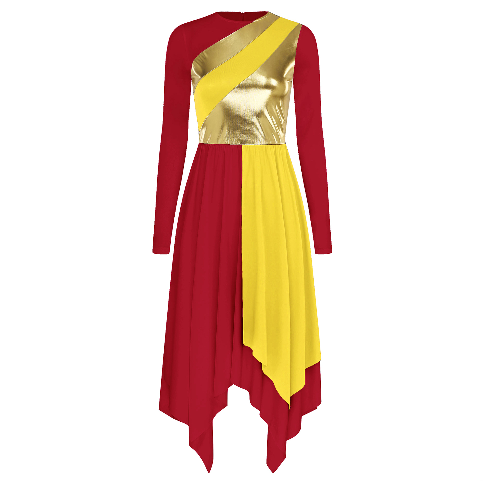 red and gold praise dance dress Robe For Women REXREII Women's Praise Dance Robe – Metallic Waistband Long Sleeve Liturgical Worship Dress, Chiffon Skirt Lyrical Costume prom dress to impress
