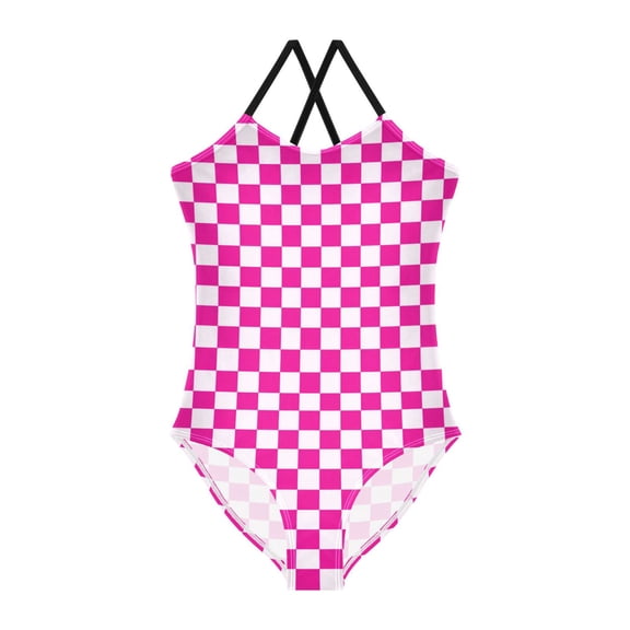 Girls' One-piece Swimsuit Cross Back Bathing Suit Beach Surfing Sizes 3T Pink and White Checkered