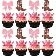 Boots or Bows Cupcake Toppers, Glitter Cowboy Cowgirl Picks, Pink and Brown, Western Theme Gender Reveal Baby Shower, 12 Pack